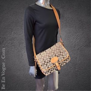 Coach Front Flap Signature Canvas Tan Leather Bag